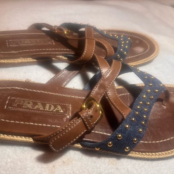 Prada Denim and Leather Tan and Blue Studded Sandals size 7 - Picture 3 of 10
